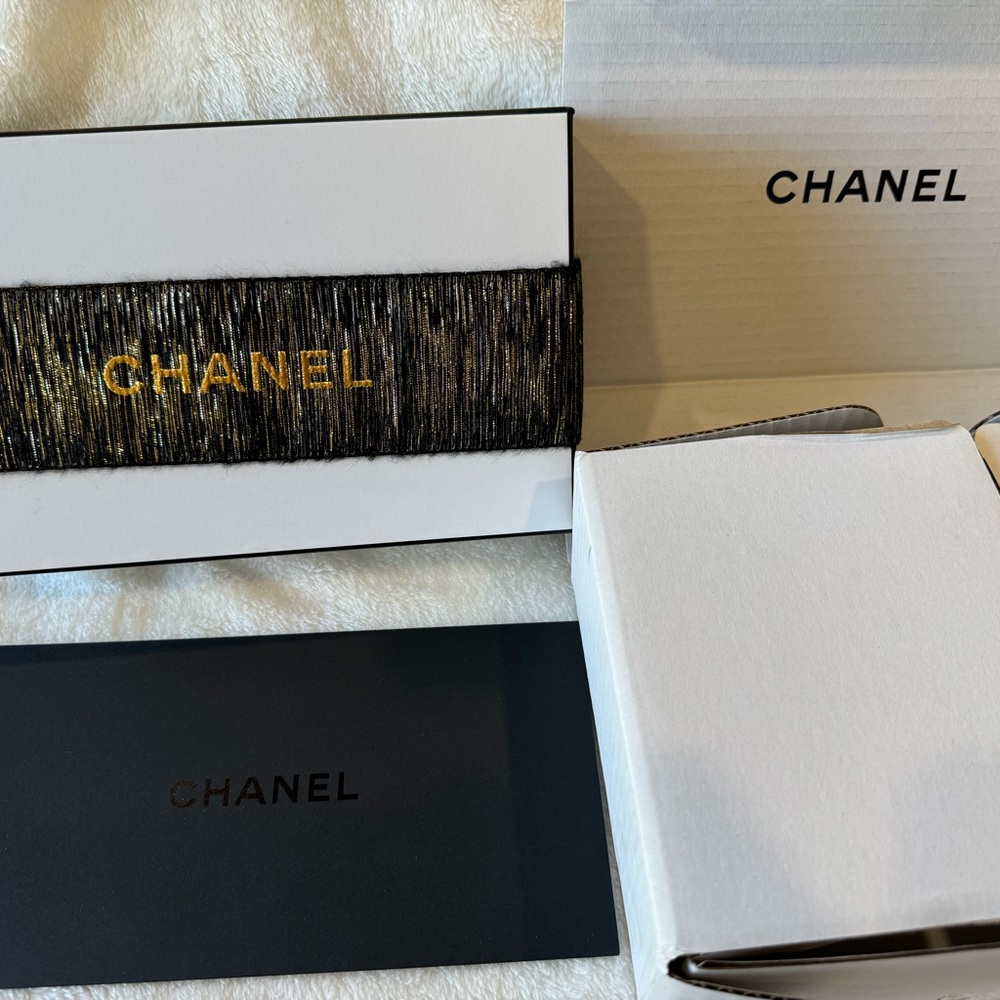 Chanel packaging box with receipt & samples pull string pouch